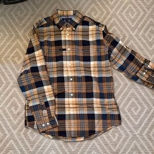 Tommy Hilfiger Men’s Plaid Button-Down Shirt in Tan and Navy